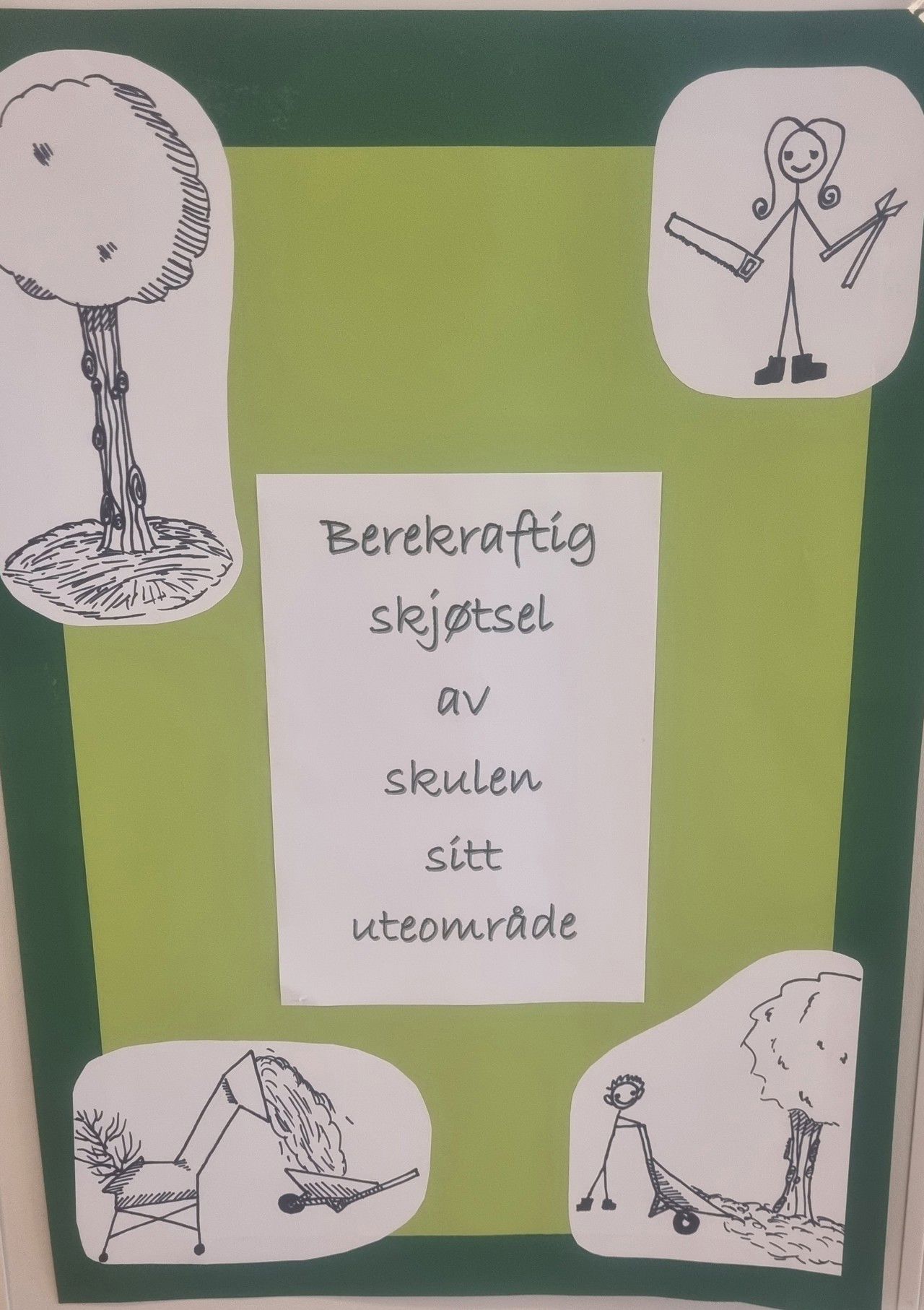 Plakat som viser arbeidet om berekraftig skjøtsel av skulen sitt uteområde