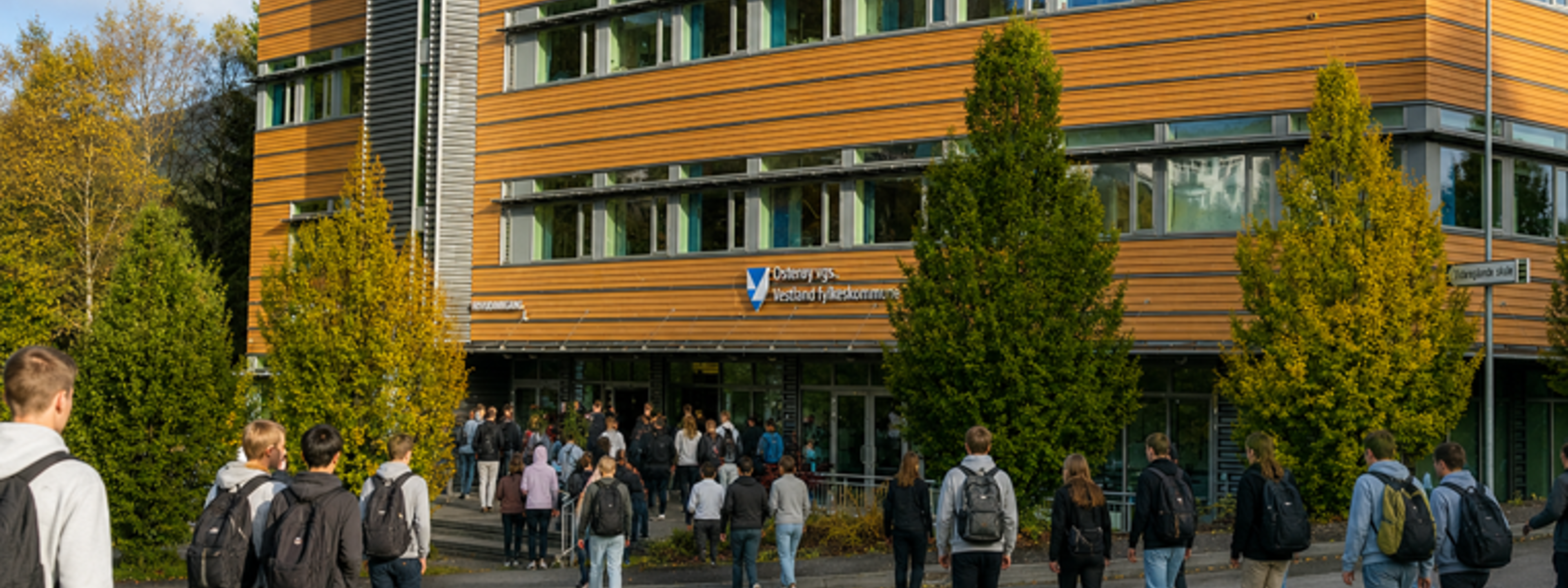 Bilete av elevar som går inn i skulebygget første skuledag